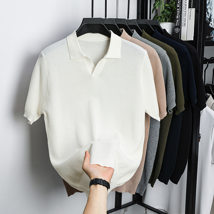 ¡Fibra fría japonesa! Camisa POLO de solapa para hombre de manga corta Camisa de gama alta de algodón Xinjiang casual todo fósforo