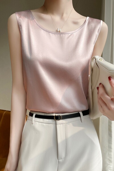 夏圆领真丝吊带背心女小西装内搭宽松外穿无袖上衣桑蚕丝打底衫