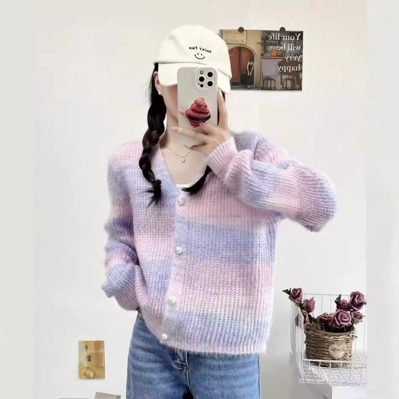 日系短款渐变色针织开衫外套女彩虹珍珠扣毛绒绒毛衣撞色设计|undefined