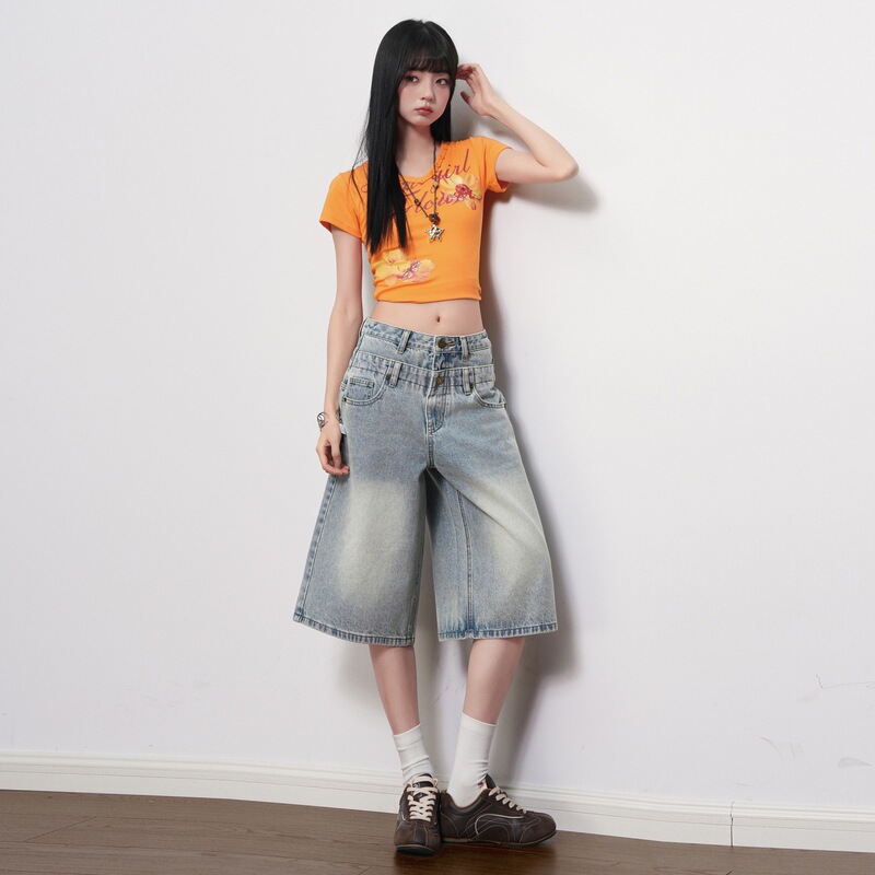 American Retro Double-Waistband Cropped Jeans for Women, 2026 Summer New Style, Distressed Wash, Loose Wide-Leg Mid-Length Pants