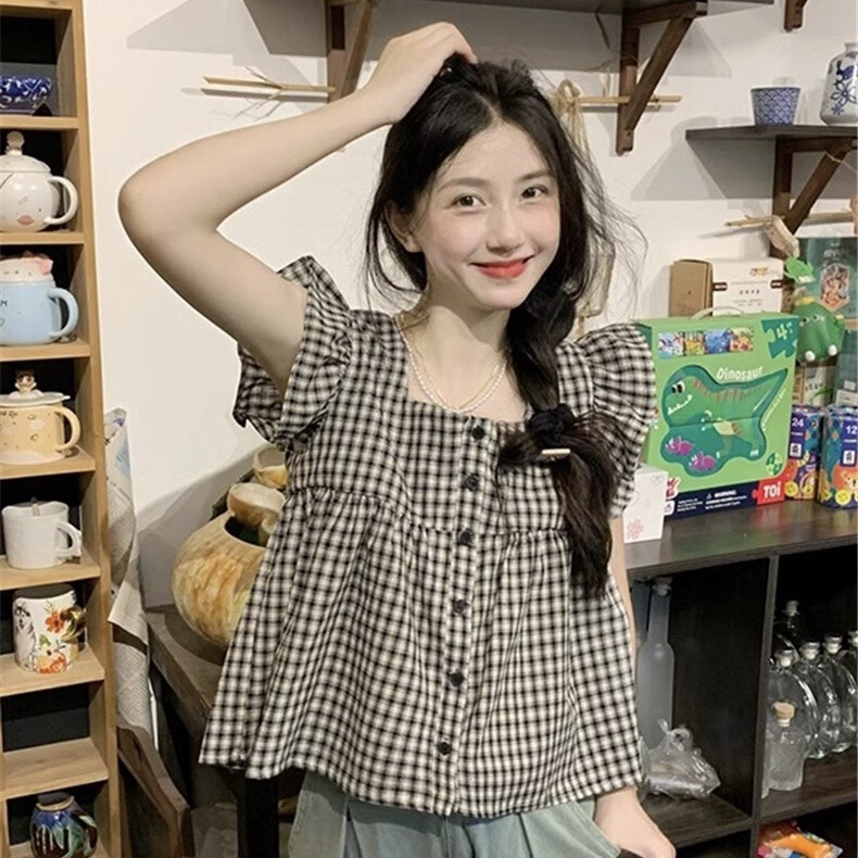 French Retro Plaid Small Flying Sleeve Shirt for Women Summer Sleeveless Slim Babydoll Shirt Petite Chic Short Top
