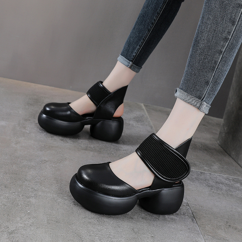 Sandal quai ngang nữ da bò thật đế dày tăng chiều cao gót 9 cm — màu đen