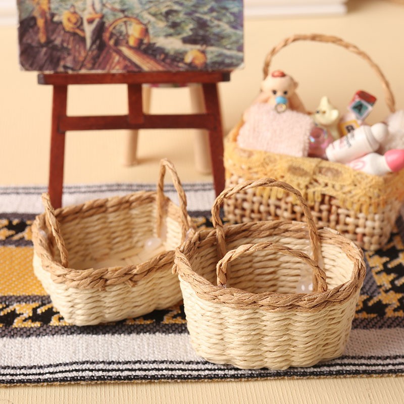 Cesta Miniatura Portátil de Paja Raffia de Papel Tejida para Casa de Muñecas y Pascua image 4