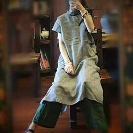 黑白格子棉麻连衣裙女斜襟盘扣中式国风文艺复古气质茶服改良旗袍