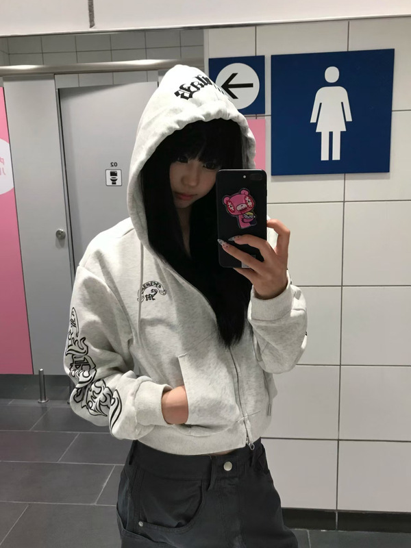 高版本~早秋美式复古字母印花短款开衫卫衣女辣妹休闲长袖上衣潮|undefined