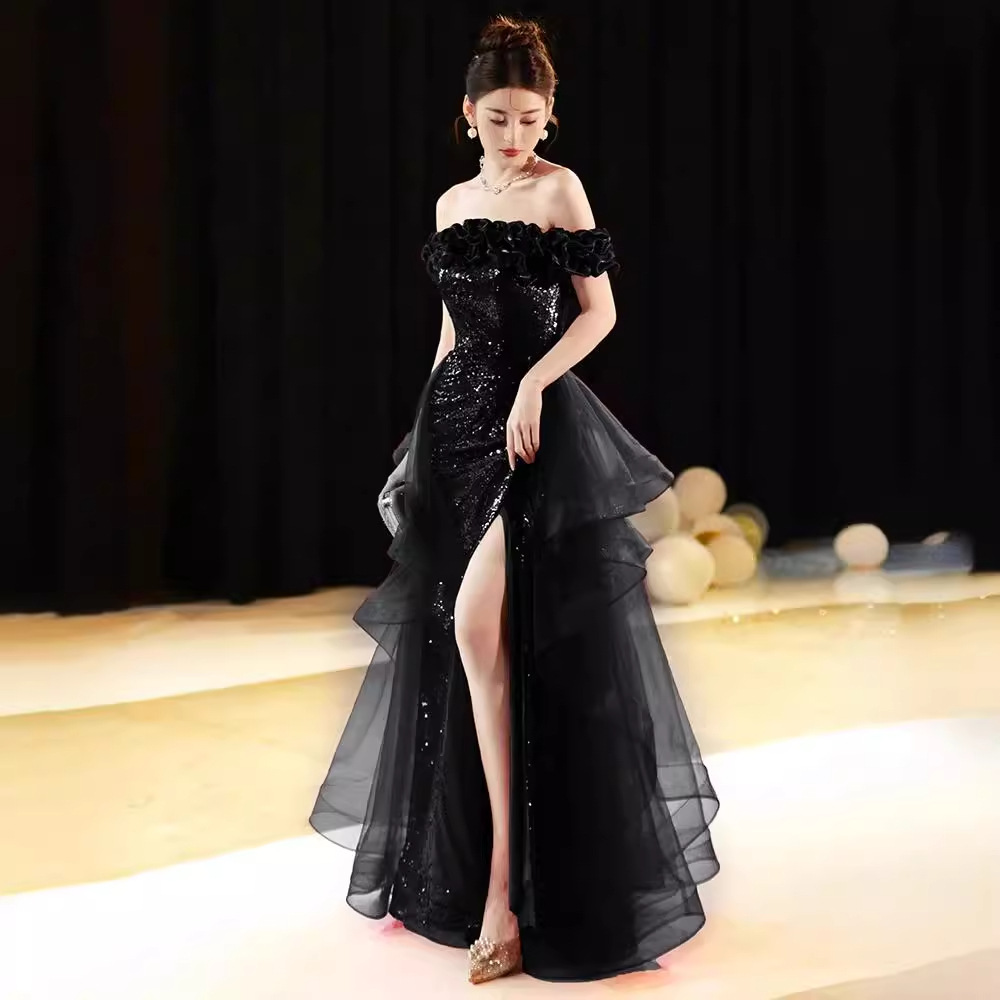 Đầm dạ hội lệch vai đen đính sequin ôm body dáng dài — Màu đen (lưới không thể tháo rời), Màu đỏ rượu vang (lưới không thể tháo rời)