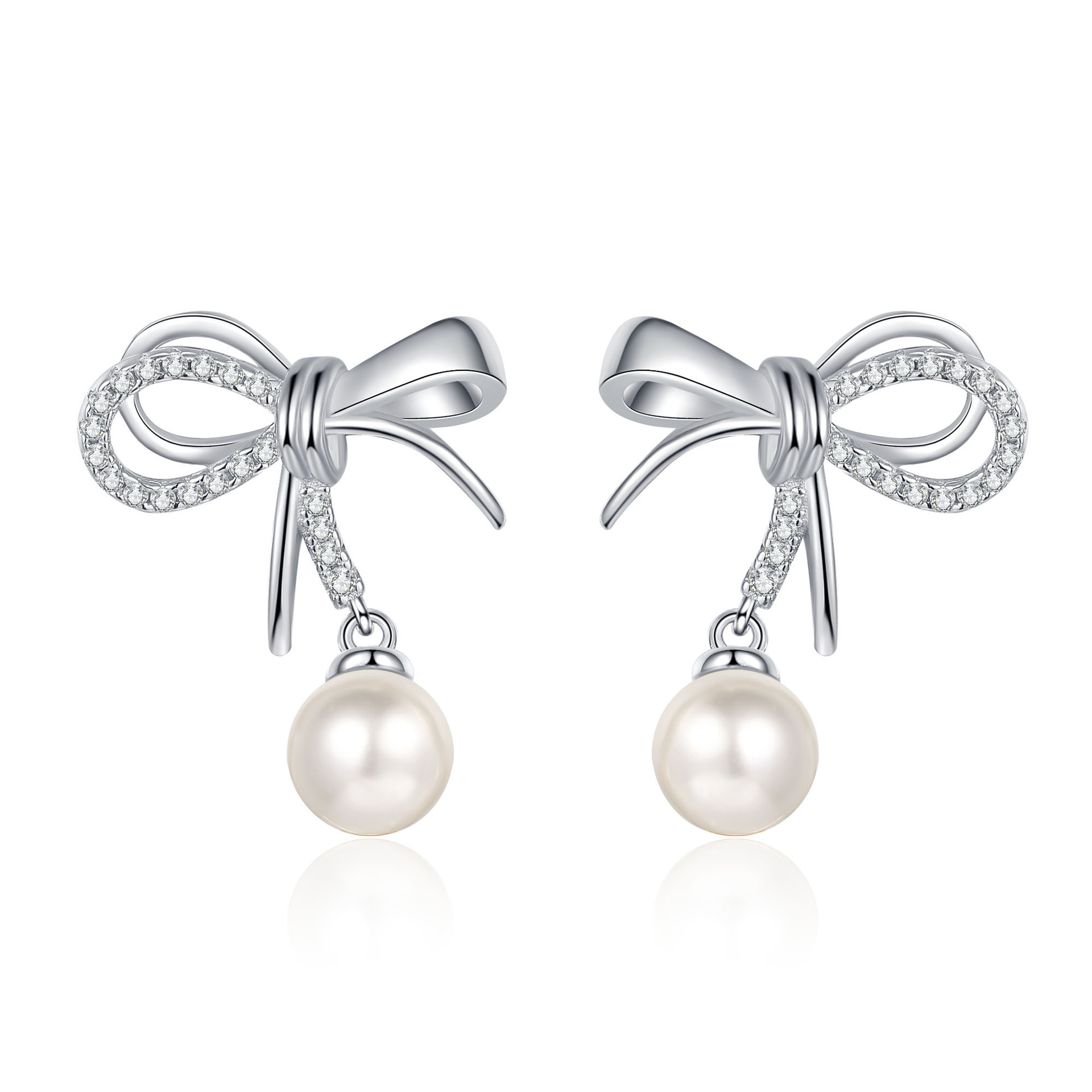 D Colour Moissanite Pearl Bowknot Drop Earrings Sterling Silver_voghion.com