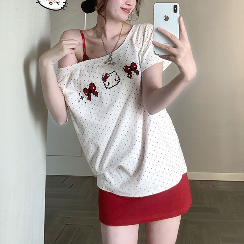 Pure Desire Sweet 斜め肩水玉半袖 Tシャツレディース夏キティ刺繍トップとサスペンダースカートショートスカートスーツ|undefined
