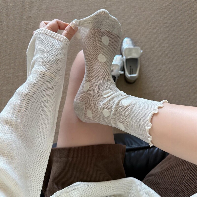 Miu White Polka Dot Socks for Women, Summer Thin Breathable Mesh Mid-Calf Socks with Lace, Ballet Style Slouch Socks Miu White Polka Dot Socks for Women, Summer Thin Breathable Mesh Mid-Calf Socks with Lace, Ballet Style Slouch Socks