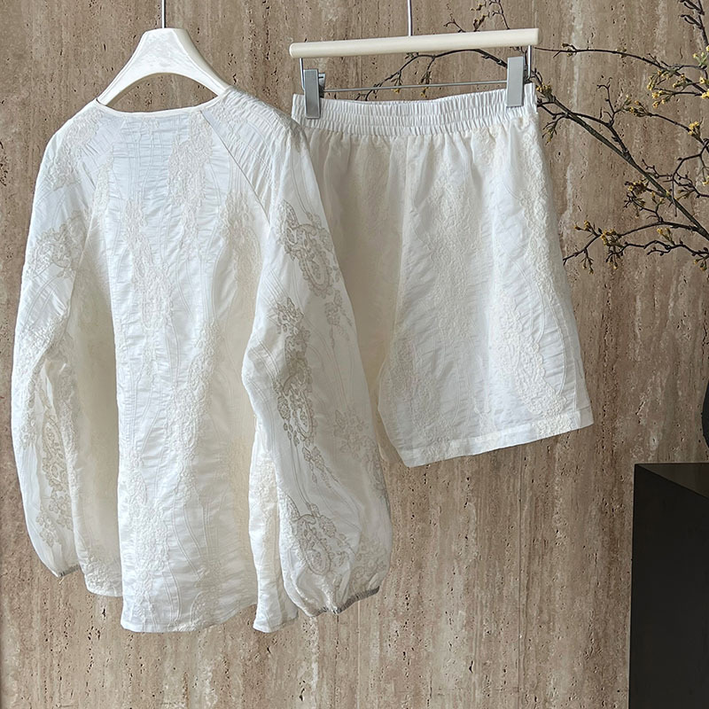 Tencel Sun Proof Two Piece Suit Crocheted Chinese Knot Button Embroidery Shirt Top Shorts Suit