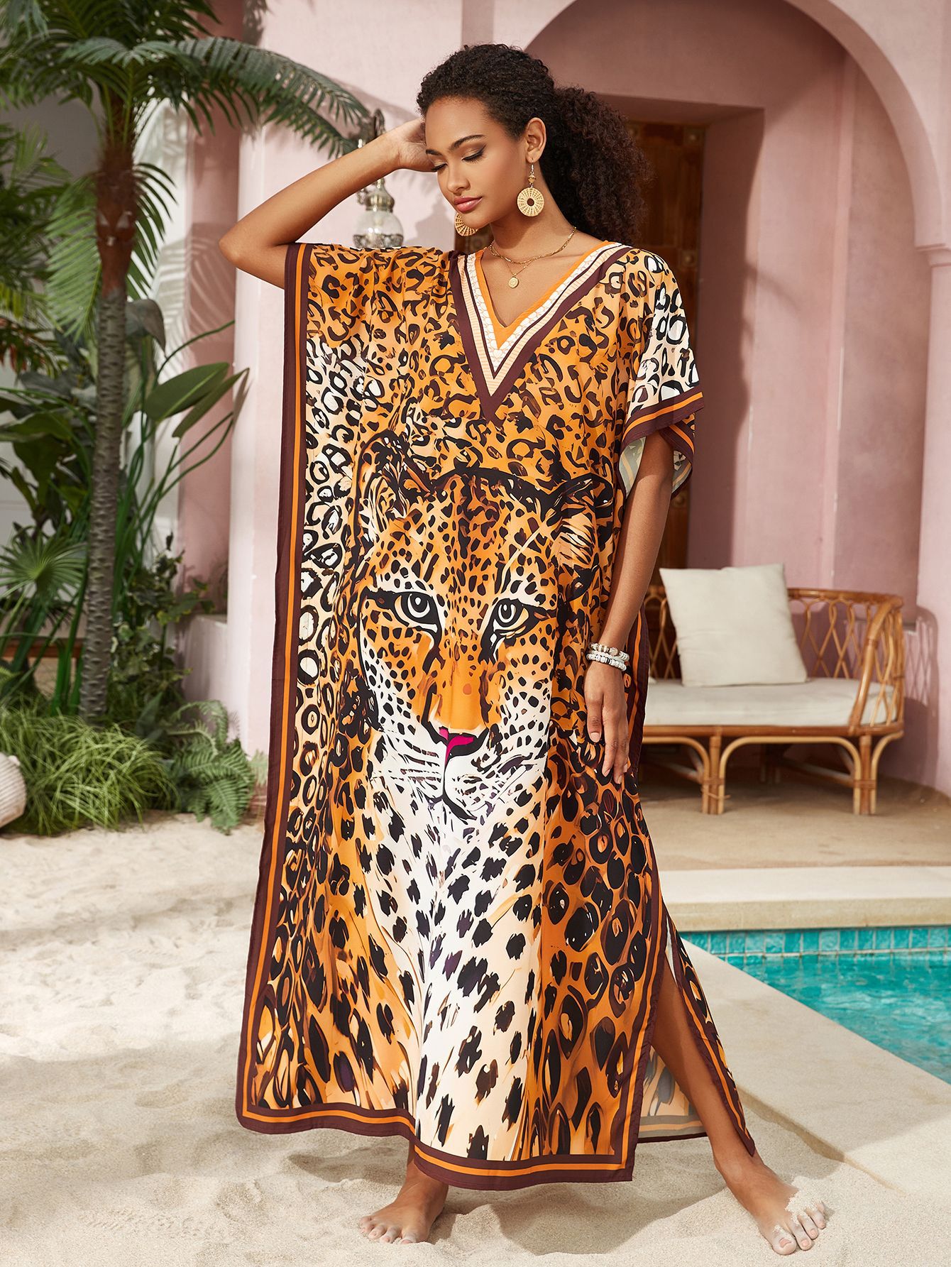 Transfronterizo Europa y América nueva blusa de bikini impresión de posicionamiento cubierta de playa bañador de vacaciones con chal 5D352-1