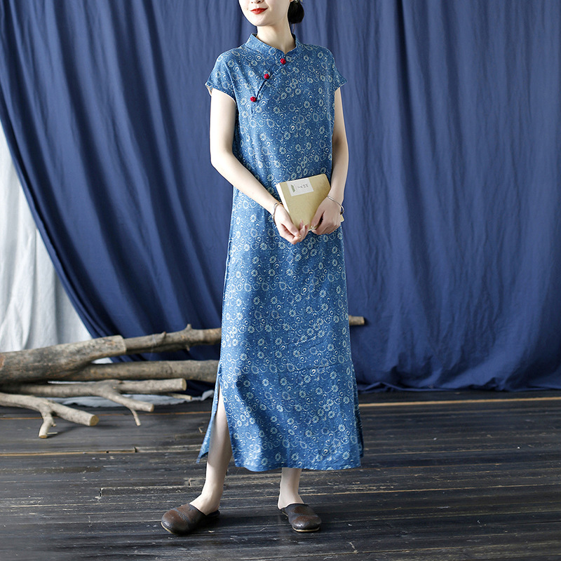 chinese dress ladies Green Modern A-Line Tencel Jacquard Loose Cheongsam Qipao Dress