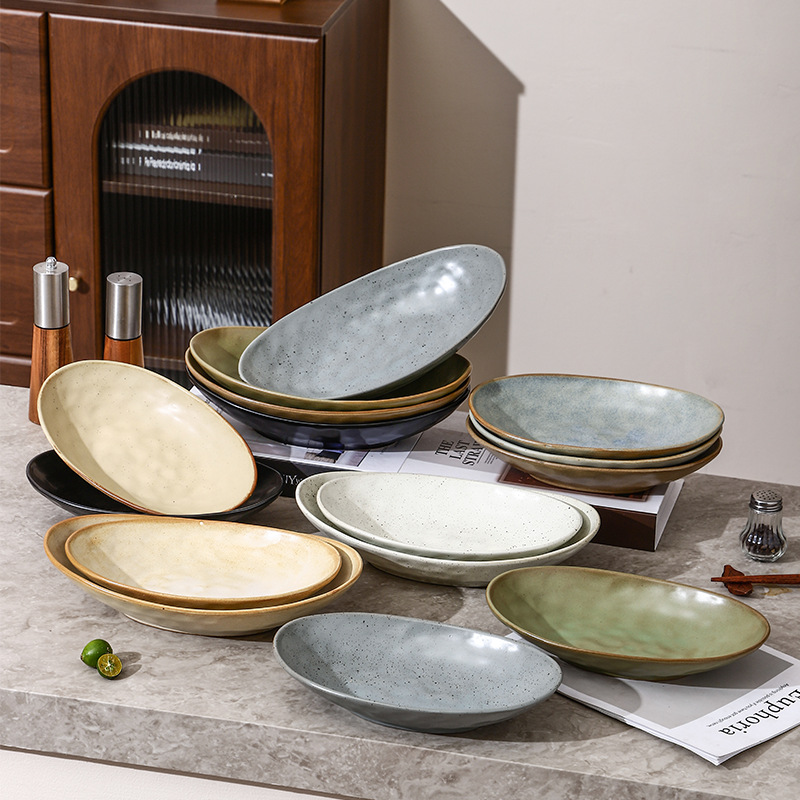 批发粗陶盘子餐厅家用鱼盘陶瓷长盘简约大号椭圆盘寿司糕点甜品盘