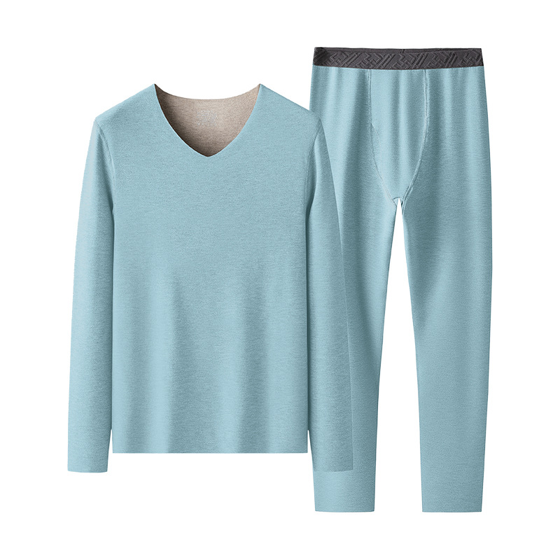 Conjunto de ropa interior térmica de lana y seda con cuello en V para hombre, otoño e invierno, con forro polar y capa base gruesa.