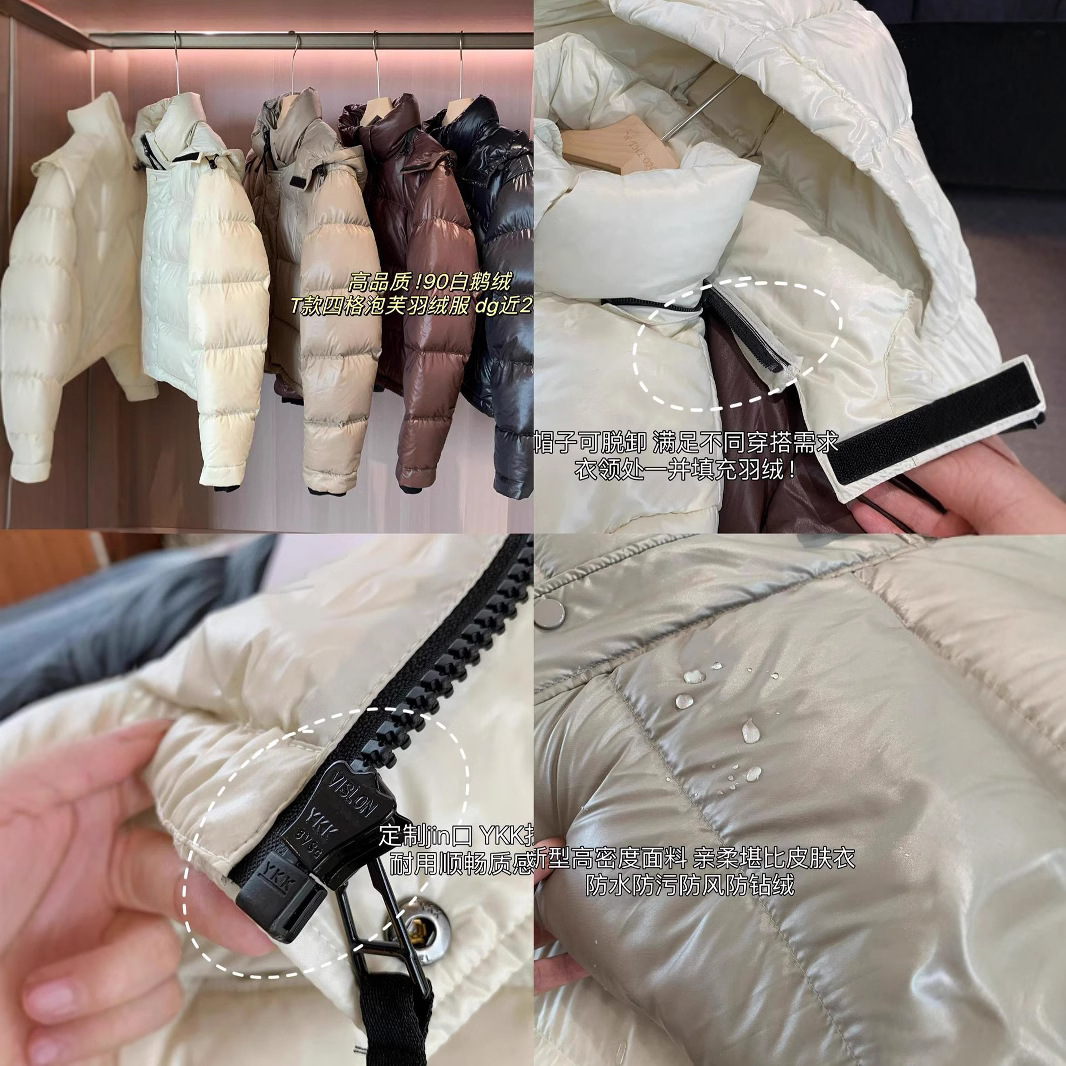 WTHEONE90 White Goose Down Jacket with Four Puffs for Women Thickened Short Hooded Jacket for 2024 Winter