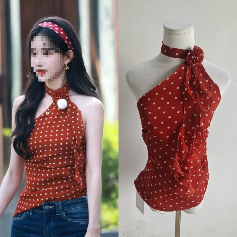 Long-Term In-Stock 2026 Summer Meng Ziyi Style Red Polka Dot Halter Neck Tank Top Slimming Design Hot Girl Slim Fit Top