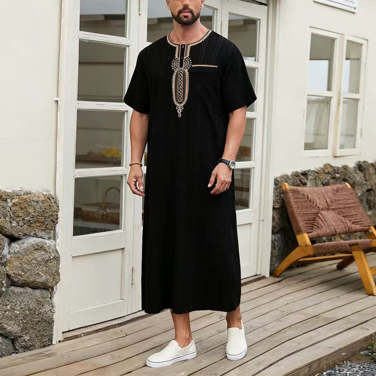 Cross-Border Men's Short-Sleeved Embroidered Loose Flat-Collar Men's Long Shirt