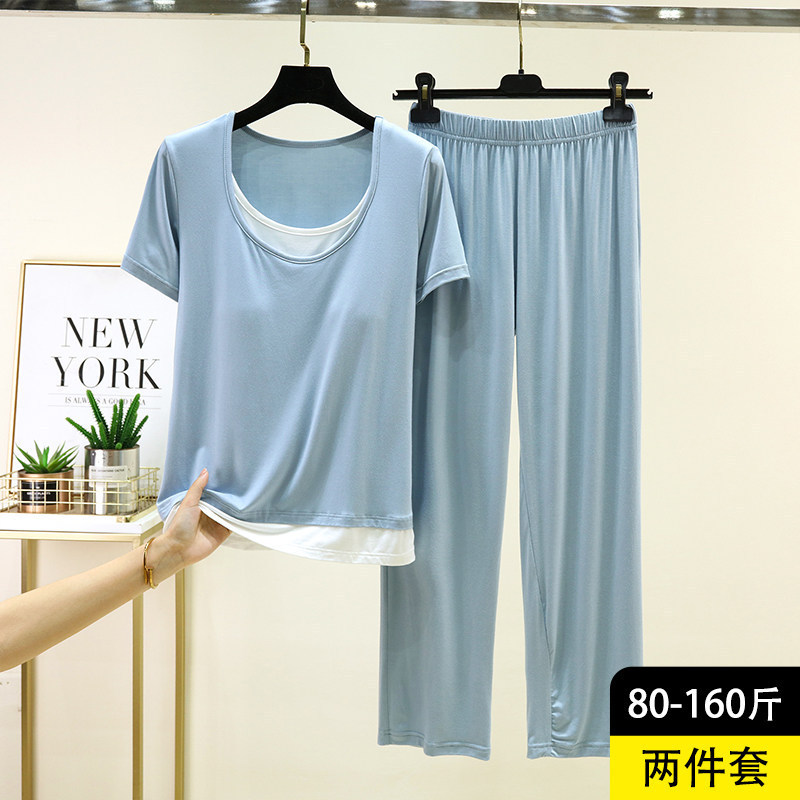 Modal Padded Short-Sleeved Pants Suit for Women, Summer Thin Home Pajamas, No Need to Wear Bra, Home Clothes Two-Piece Set