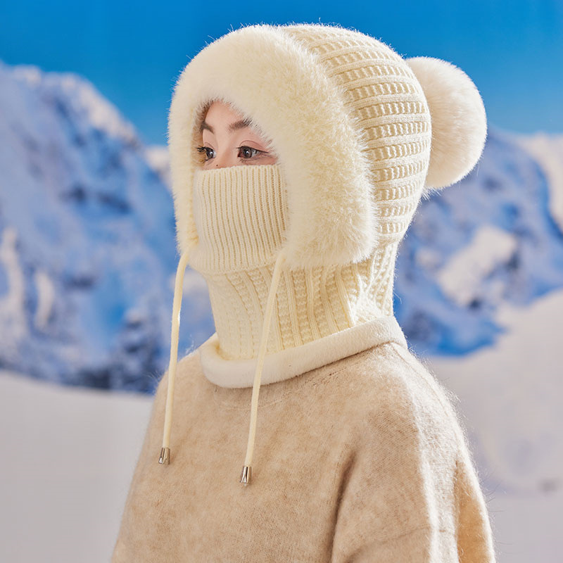 珍珠加绒厚连体帽子女士冬季围脖一体口罩帽户外防风寒保暖骑车帽|undefined