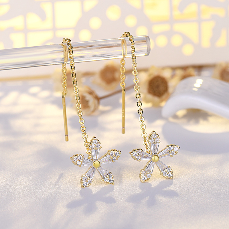 Pendientes Largos de Plata de Ley S925 con Incrustaciones de Circonita en Forma de Flor, Versátiles, con Borla, Estilo Lujoso y Ligero, Pendientes de Cristal Dulce de TikTok