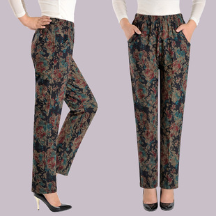 Middle-aged and elderly women's pants spring and autumn plus size elastic high-waist mother's casual pants grandma flower pants elderly straight trousers