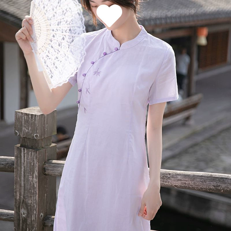 Лето 2024 г., женское платье Cheongsam из рами, улучшенное хлопковое и льняное платье в национальном стиле в стиле ретро, ​​повседневная одежда для чая, Cheongsam для вступительных экзаменов в среднюю школу