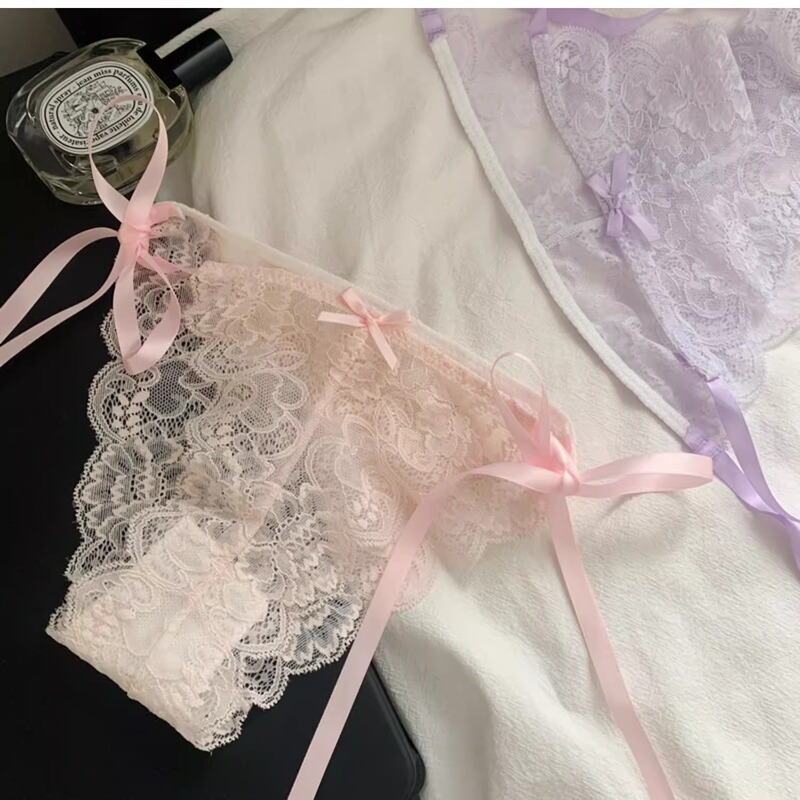 Women's French Pure Lust Pink Lace Strap Panties for Women with Straps That Can Be Untied on Both Sides, Sexy and Seductive for Senior Girls