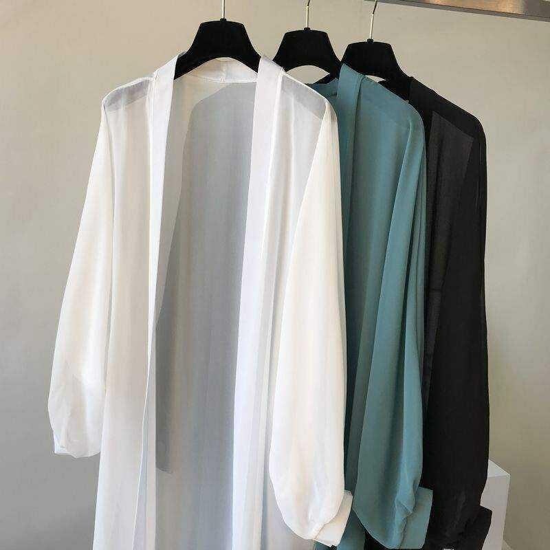 シフォン日焼け止め服ロング涼しい夏の新しいスタイルボタンなしルーズ薄手のアウターカーディガンミッドレングスビーチウェアショール|undefined