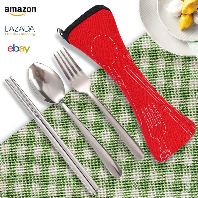 국경 간 휴대용 식기 뼈 가방 가정용 3 피스 웨스턴 포크 스푼 젓가락 세트 물 던지기 스테인레스 스틸