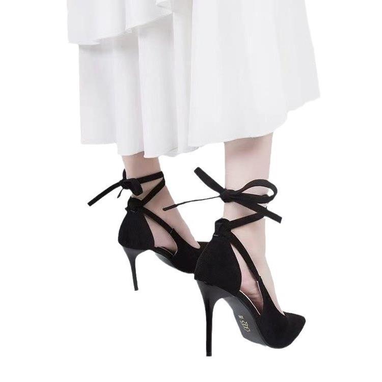 Cinturino sexy alto per donna 2024 Primavera e autunno nuovo stile scarpe singole Side Air sandali con tacco sottile neri_voghion.com