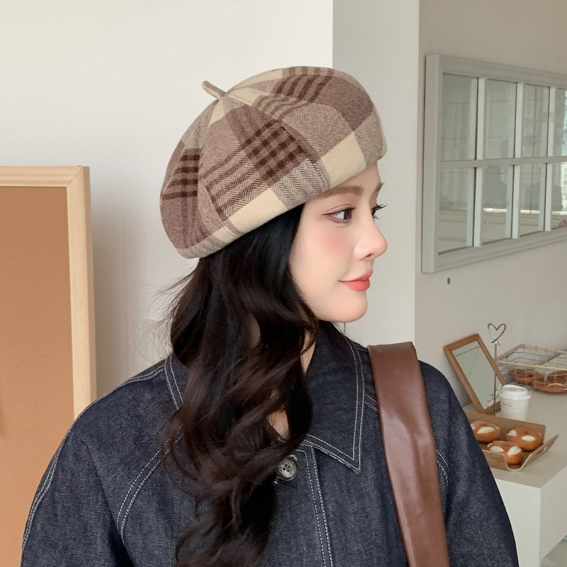 美拉德风贝雷帽女秋冬格子英伦画家帽复古文艺显脸小报童帽蓓蕾帽|undefined