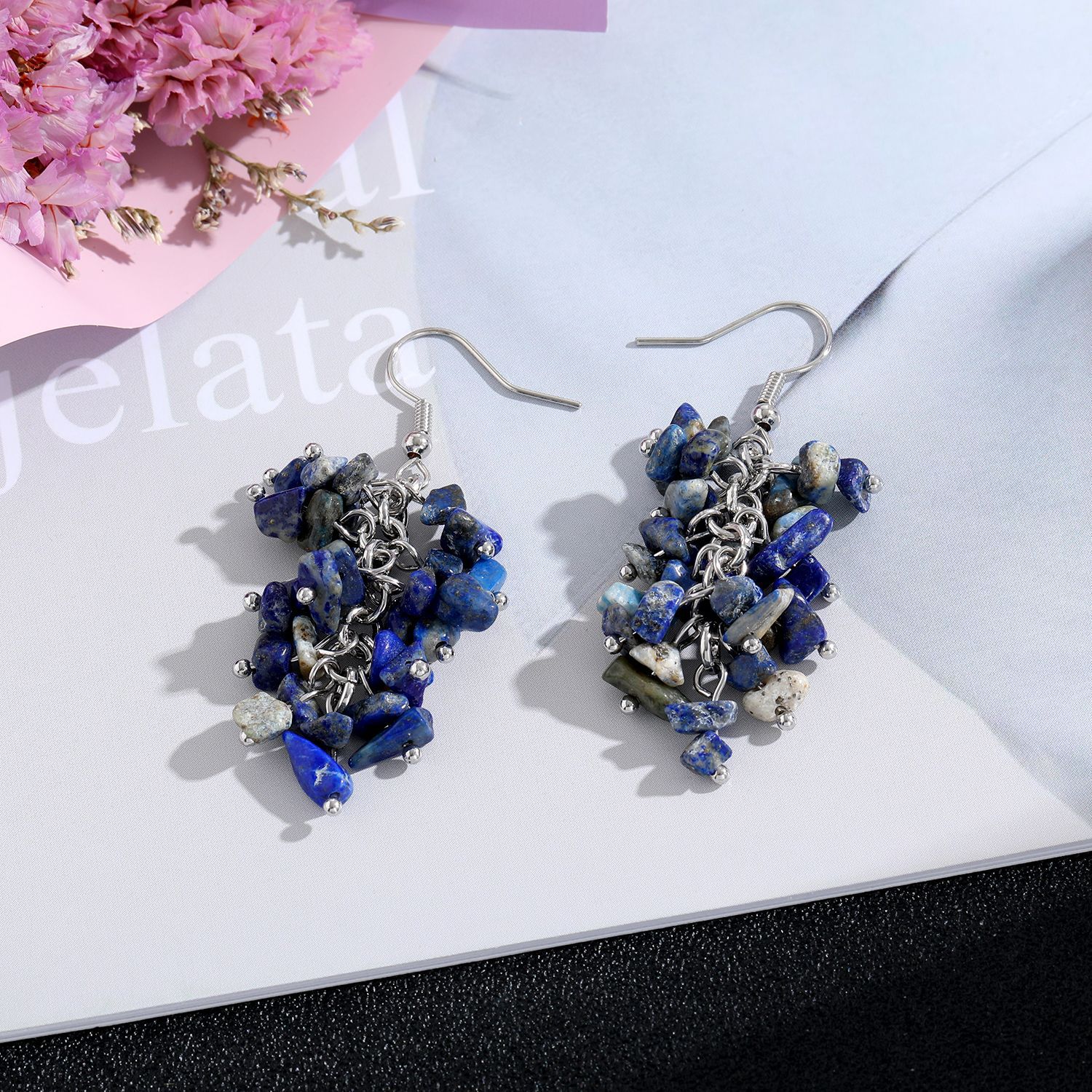 1 Pair Quantity 1 Pair Retro Printing Natural Stone Crystal Drop Earrings
