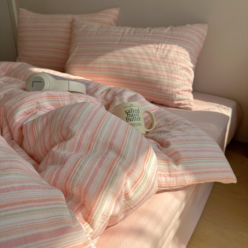 2025 New Striped Cotton Yarn-Dyed Washed Cotton Four-Piece Set Three-Piece Set Single Product Quilt Cover Bed Sheets Pillowcase