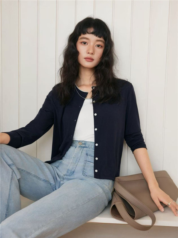 miu系撞色~莱赛尔天丝纽扣针织开衫女春秋基础百搭长袖圆领上衣|undefined