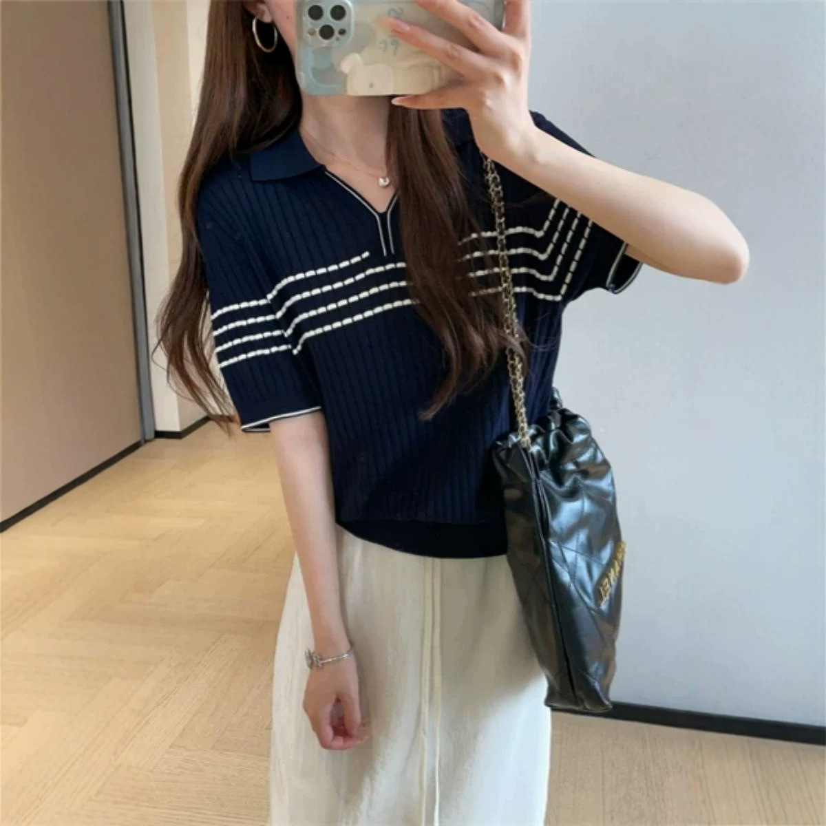 DY803 Elegant Old-Fashion Striped Color-Blocked Polo Shirt, 2026 Summer New Arrival, Short-Sleeve Knit Top