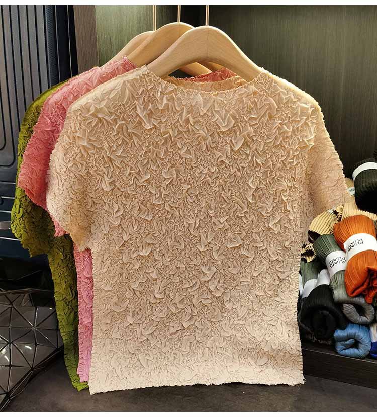 Áo thun ngắn tay nữ cổ tròn xếp li dập nổi kim cương, chất liệu cotton phối polyester, form suông thoải mái, phù hợp đi làm và dạo phố mùa hè — Màu hồng, Màu xanh lá, Màu mơ chi tiết 21