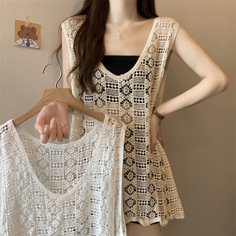Design V-neck hollow-out sweater women's summer thin loose sleeveless vest mid-length outer strap blouse