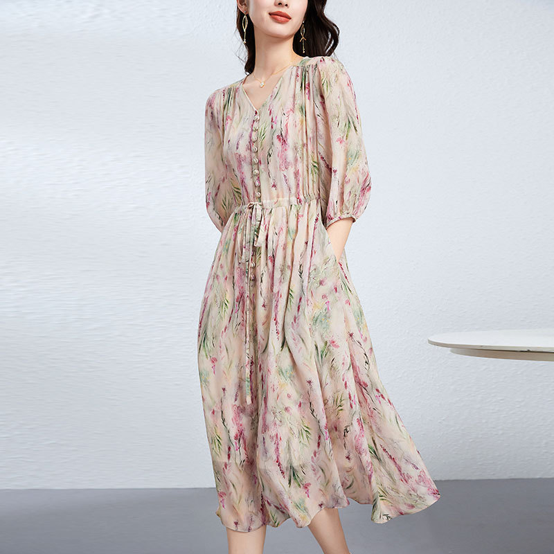 Silk dress Women's New Spring and Summer Gentle High-end French Style First Love Tight Waist Printed Mulberry Silk Long Dress Silk dress Women's New Spring and Summer Gentle High-end French Style First Love Tight Waist Printed Mulberry Silk Long Dress