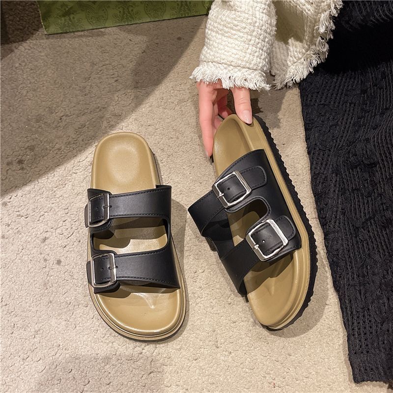 Zapatos Bocken mujeres 2025 verano nuevo tipo de ropa exterior antideslizante confortable playa de doble botón plano Bocken zapatillas