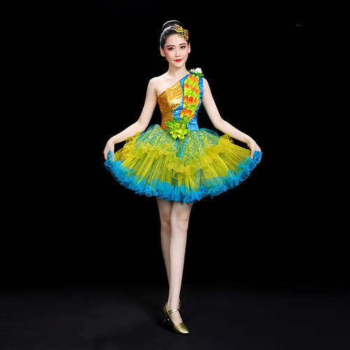 Women girls green with gold blue sequins Modern dance jazz dance costume female gogo dancers dance outfits song model show solo dance dress for female