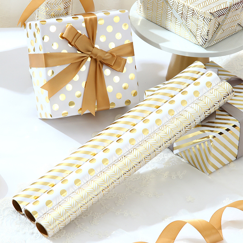 Amazon venta caliente de papel de gran tamaño de papel de papel de bronce estampado dorado ondulado punto inclinado banda de regalo papel de embalaje mayorista