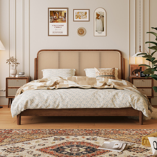 Vintage Style Rattan Solid Wood Bed 1.8m Double Bed 1.5m Small Apartment Simple Japanese Style Wabi-Sabi Retro Bed