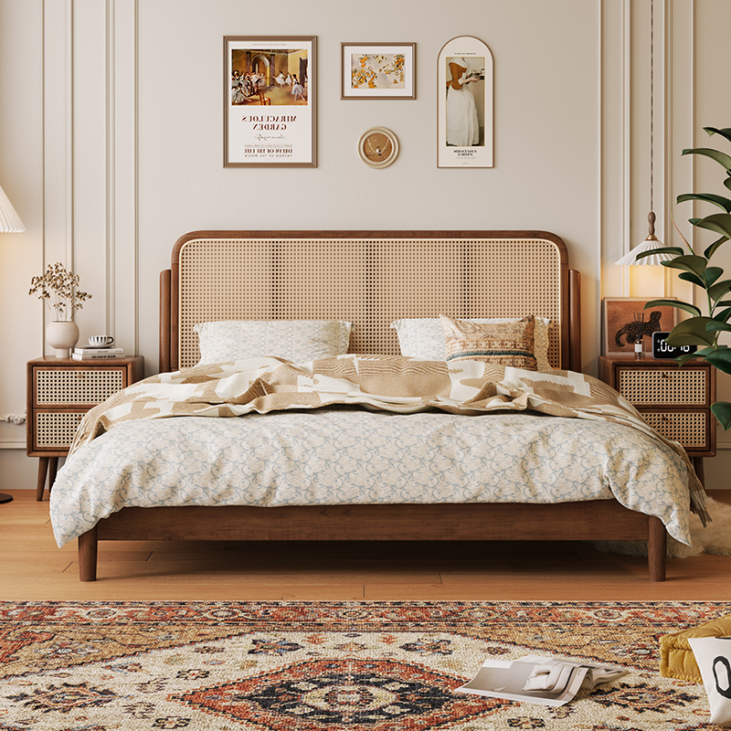 中世スタイル籐無垢材ベッド 1.8m ダブルベッド 1.5 メートル小さなアパートシンプルな和風 B&B わびさびレトロベッド|undefined