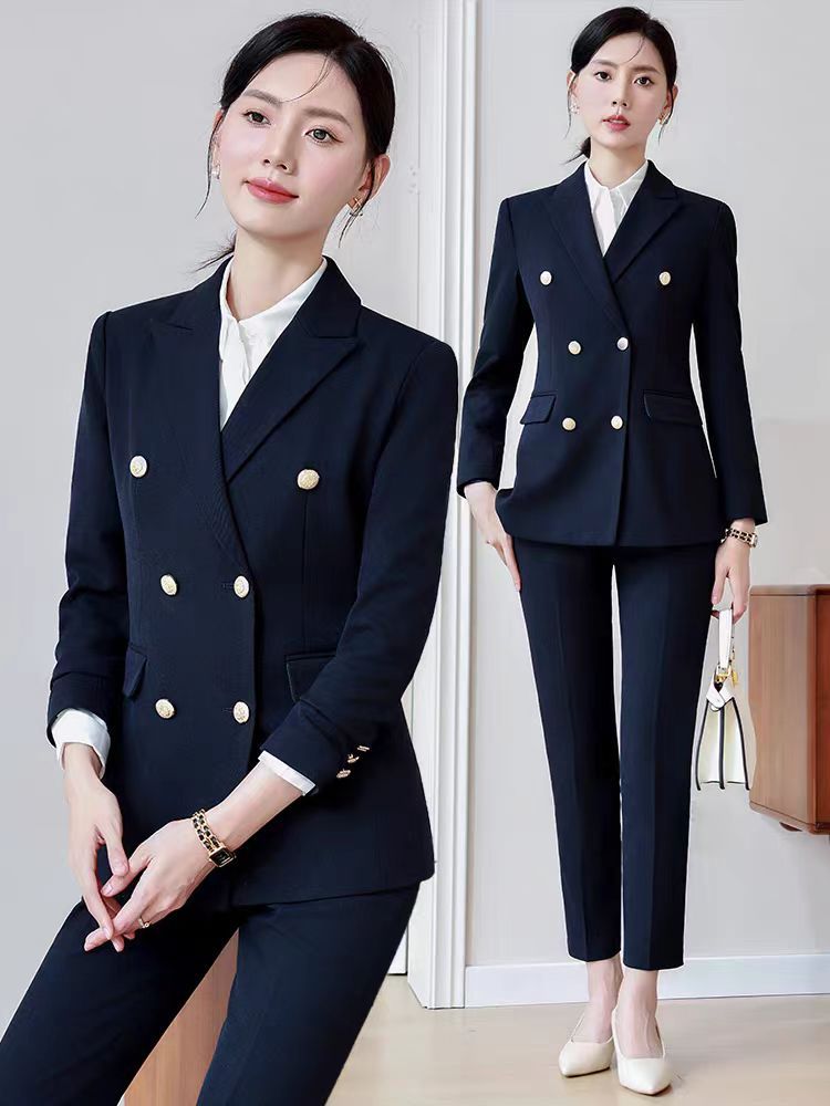 (2개) 전문 세트 여성을위한 고급 더블 브레스트 세트 간단하고 유능한 기질 호텔 매니저 직장 통근 작업복