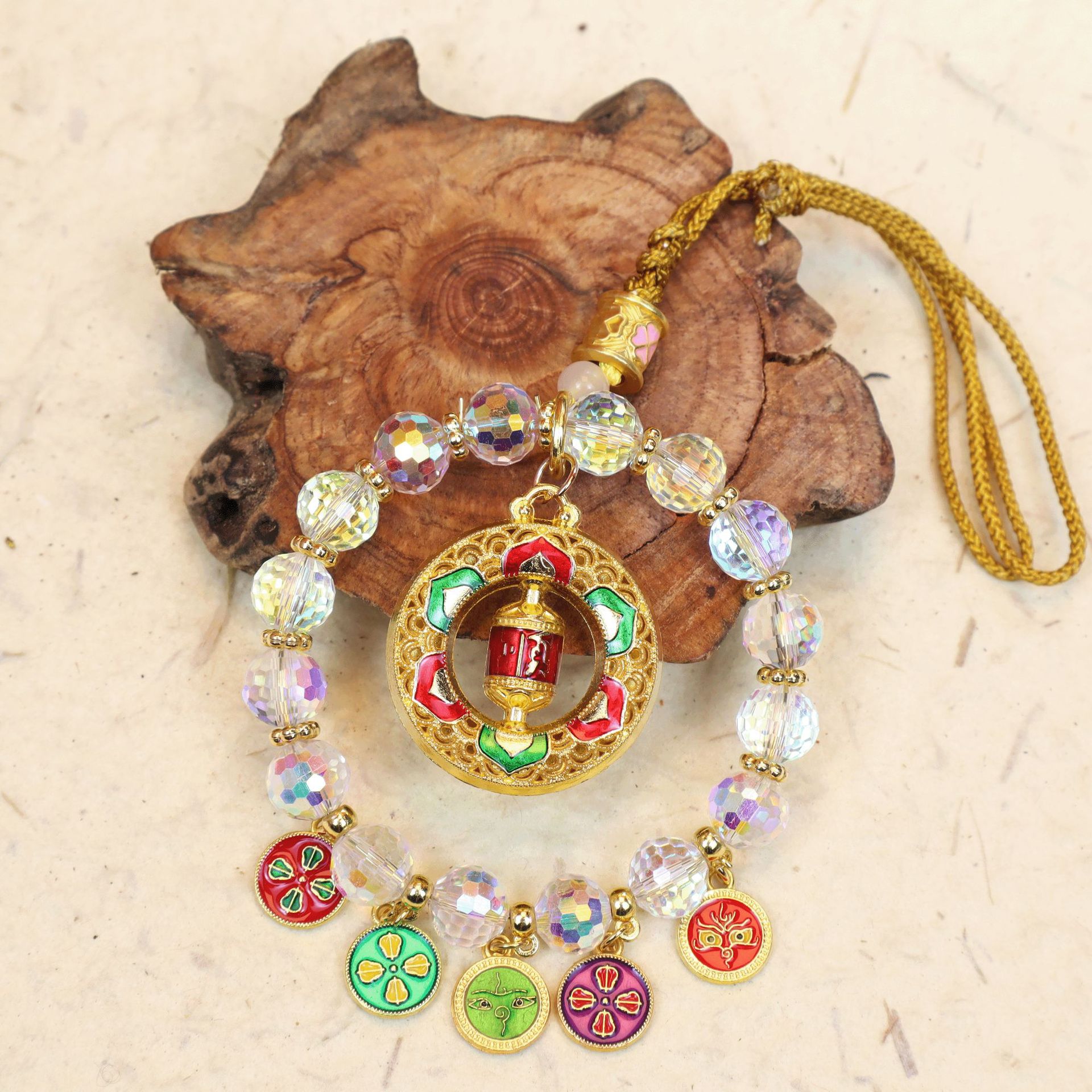 Crystal Five-Path Fortune God Car Hanging Ornament, Multicolor Abacus Lock, High-End Rearview Mirror Decoration, Wealth-Attracting Car Pendant, Interior Car Decoration