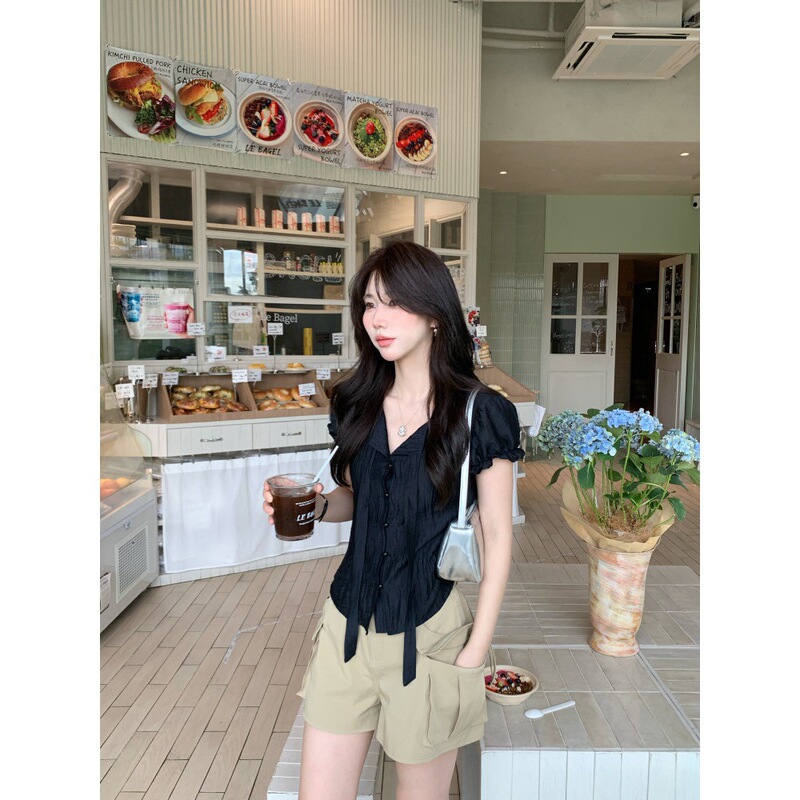 Black V-Neck Puff-Sleeve Slimming Shirt with a Vintage Vibe and a Cinched Waist Black V-Neck Puff-Sleeve Slimming Shirt with a Vintage Vibe and a Cinched Waist