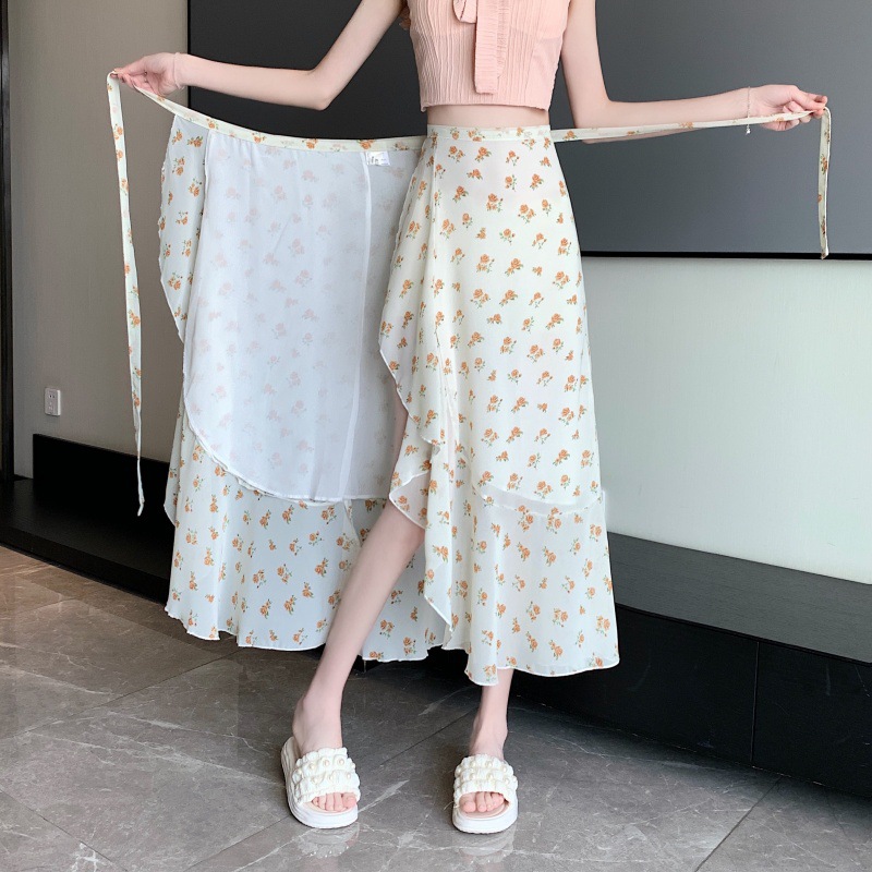 実拍多種類の花柄のハスの葉の辺のシフォンの半身のスカートの女性の夏の新型のワンピースのエプロンはアンドロメダのスカートを防ぎます。