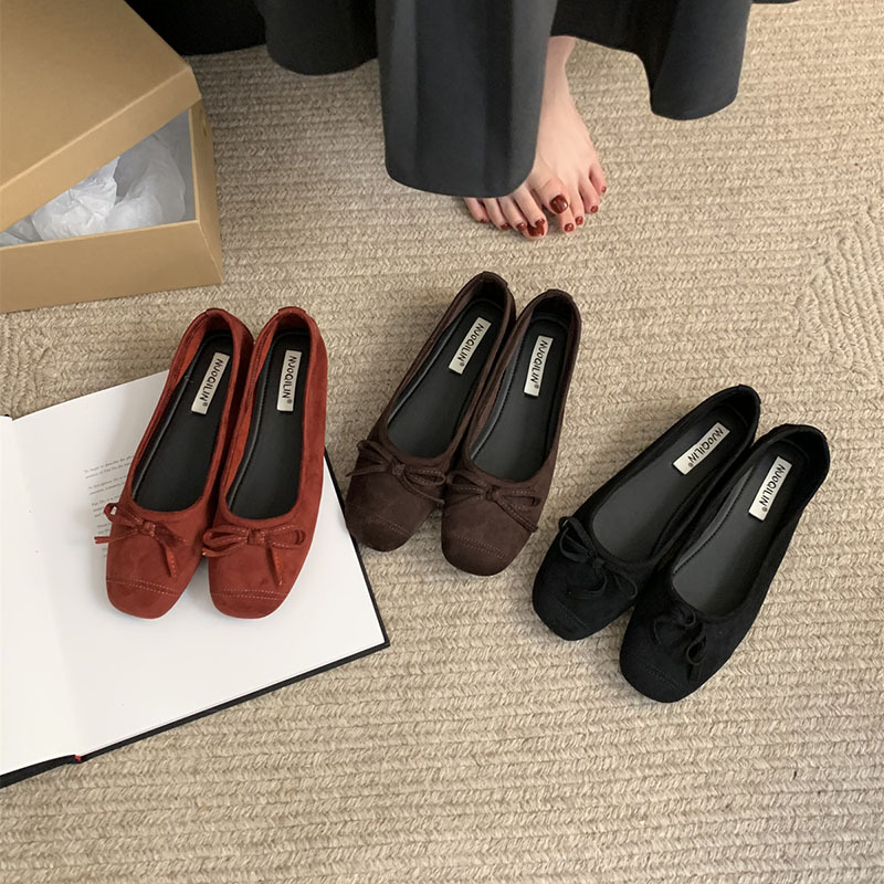 Suede low-cut shoes 2024 spring new Korean style retro red slip-on Tods women's flat ballet shoes