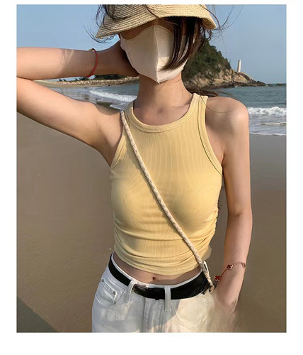 2065# Pure Color Sleeveless Side Pleated Design Work-Dress with Corset Back, Slimming and Figure-Shaping with Breast Pads, Short Length, Can Be Worn as Innerwear or Outerwear