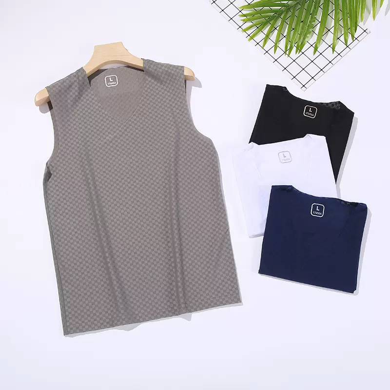 新款网格无痕背心V领男士四季打底无袖T恤宽肩弹力坎肩夏季薄跨境